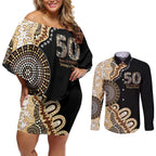 50 Years Of NAIDOC Couples Matching Off Shoulder Short Dress and Long Sleeve Button Shirt Strong and Proud Aboriginal Dot Painting No2