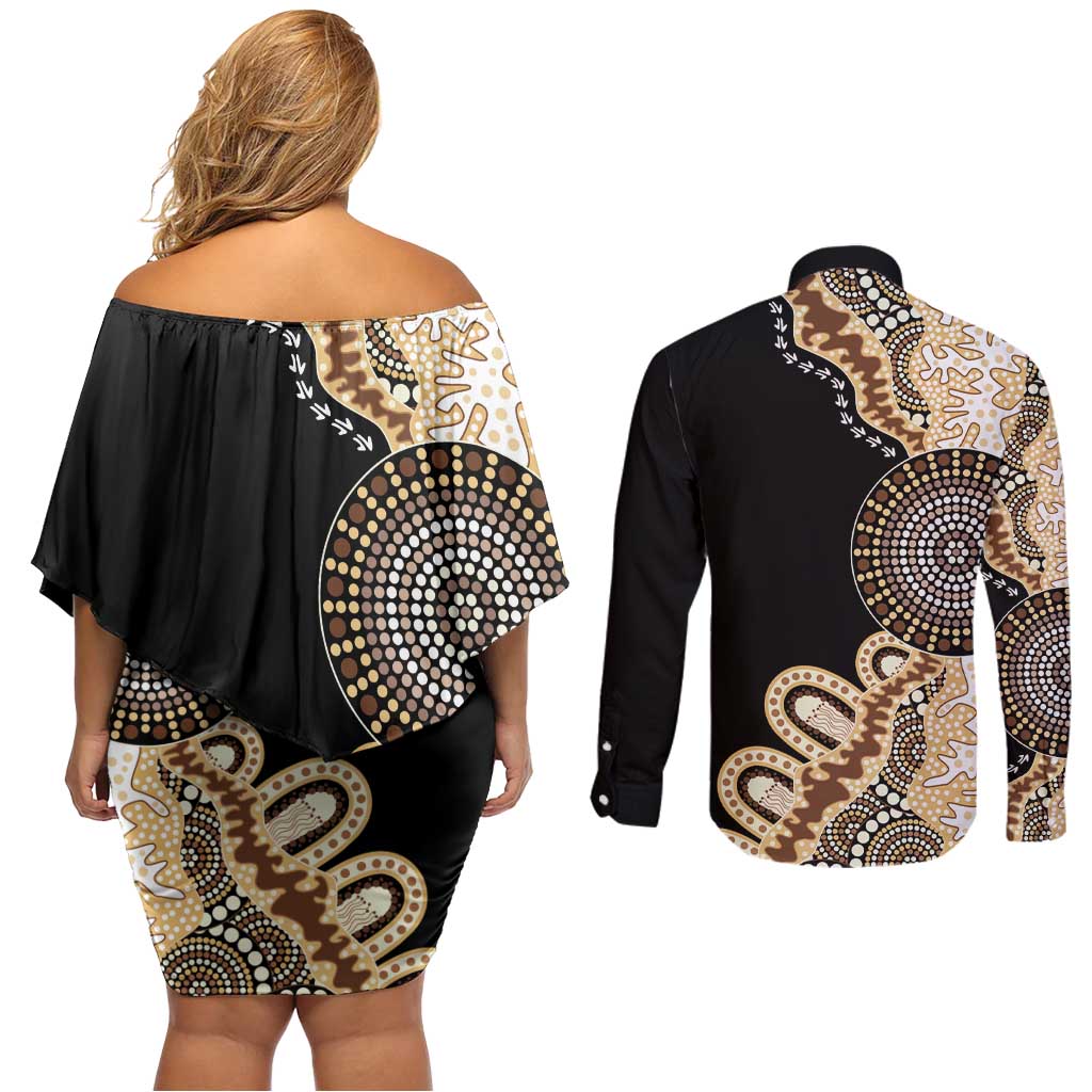 50 Years Of NAIDOC Couples Matching Off Shoulder Short Dress and Long Sleeve Button Shirt Strong and Proud Aboriginal Dot Painting No2