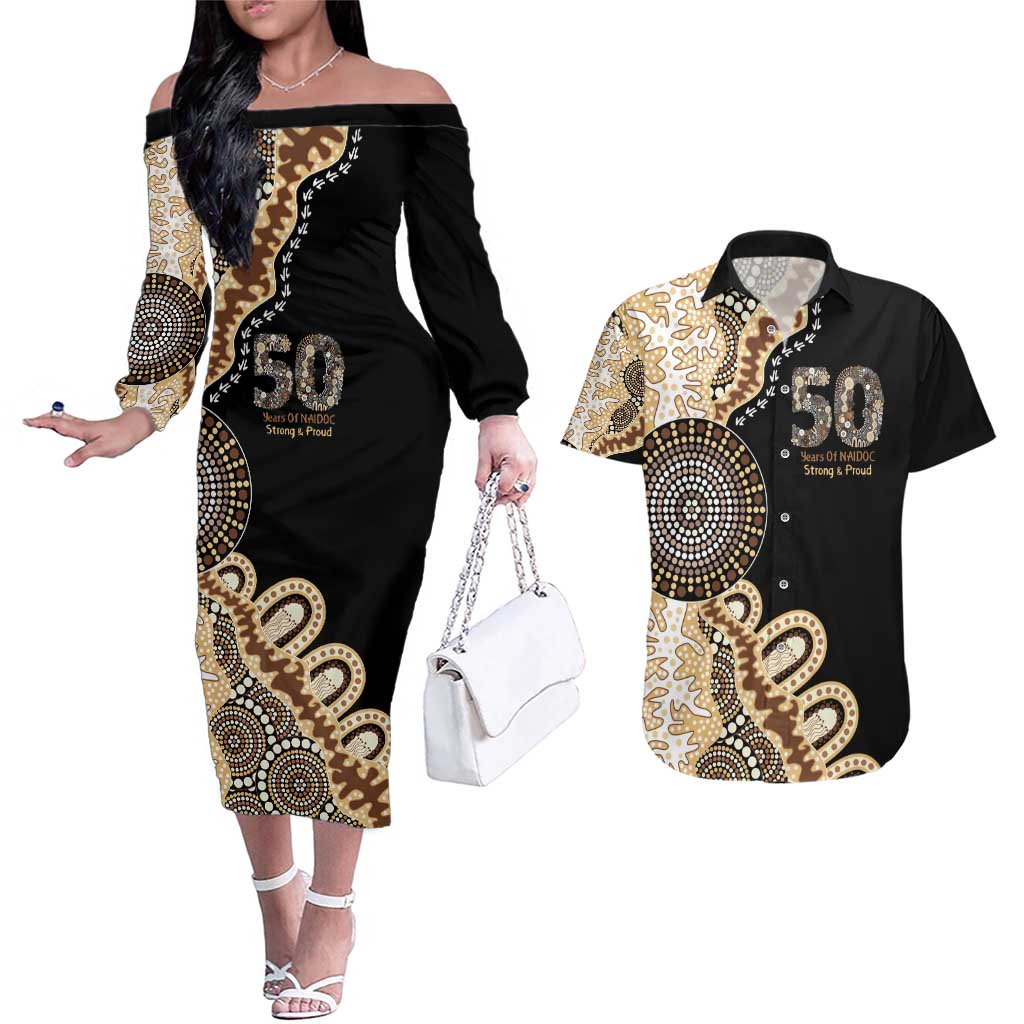 50 Years Of NAIDOC Couples Matching Off The Shoulder Long Sleeve Dress and Hawaiian Shirt Strong and Proud Aboriginal Dot Painting No2