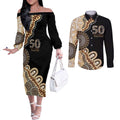 50 Years Of NAIDOC Couples Matching Off The Shoulder Long Sleeve Dress and Long Sleeve Button Shirt Strong and Proud Aboriginal Dot Painting No2