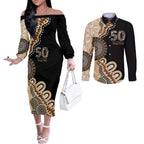50 Years Of NAIDOC Couples Matching Off The Shoulder Long Sleeve Dress and Long Sleeve Button Shirt Strong and Proud Aboriginal Dot Painting No2