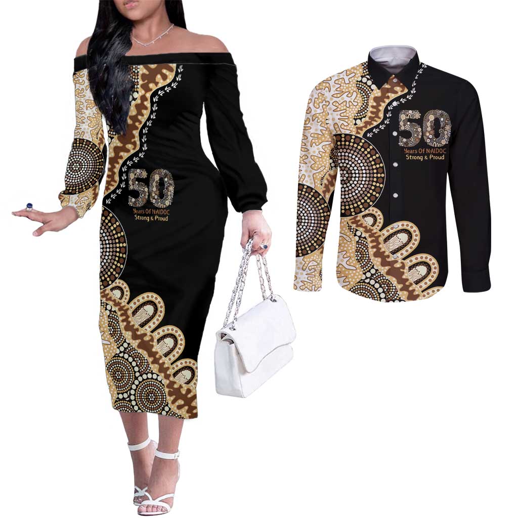 50 Years Of NAIDOC Couples Matching Off The Shoulder Long Sleeve Dress and Long Sleeve Button Shirt Strong and Proud Aboriginal Dot Painting No2