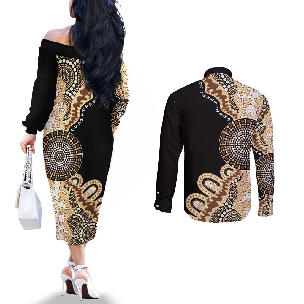 50 Years Of NAIDOC Couples Matching Off The Shoulder Long Sleeve Dress and Long Sleeve Button Shirt Strong and Proud Aboriginal Dot Painting No2