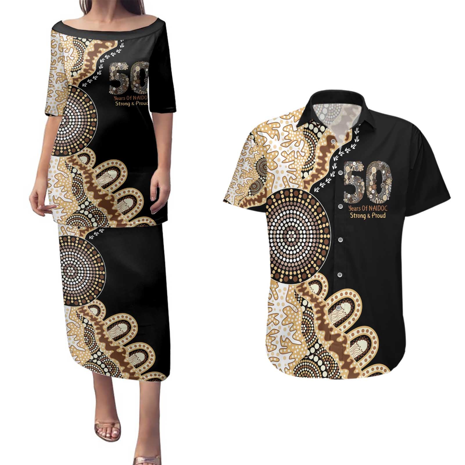 50 Years Of NAIDOC Couples Matching Puletasi and Hawaiian Shirt Strong and Proud Aboriginal Dot Painting No2