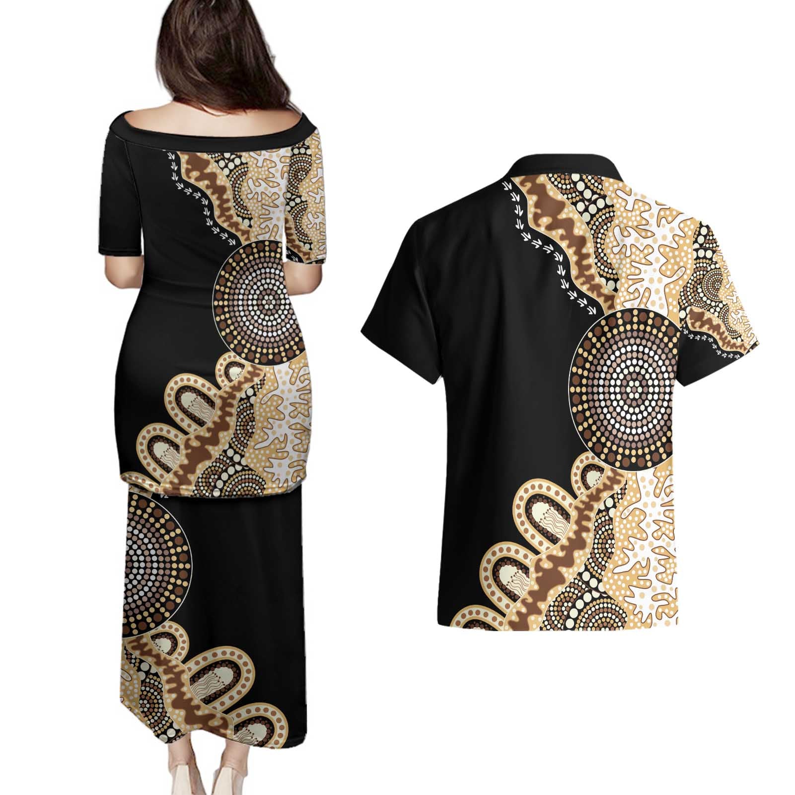 50 Years Of NAIDOC Couples Matching Puletasi and Hawaiian Shirt Strong and Proud Aboriginal Dot Painting No2