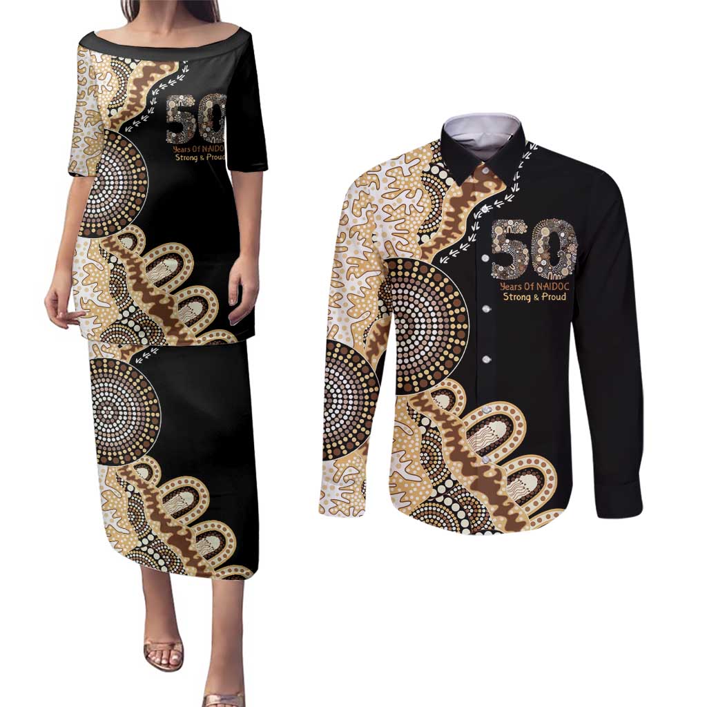 50 Years Of NAIDOC Couples Matching Puletasi and Long Sleeve Button Shirt Strong and Proud Aboriginal Dot Painting No2