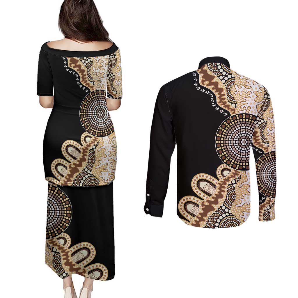50 Years Of NAIDOC Couples Matching Puletasi and Long Sleeve Button Shirt Strong and Proud Aboriginal Dot Painting No2