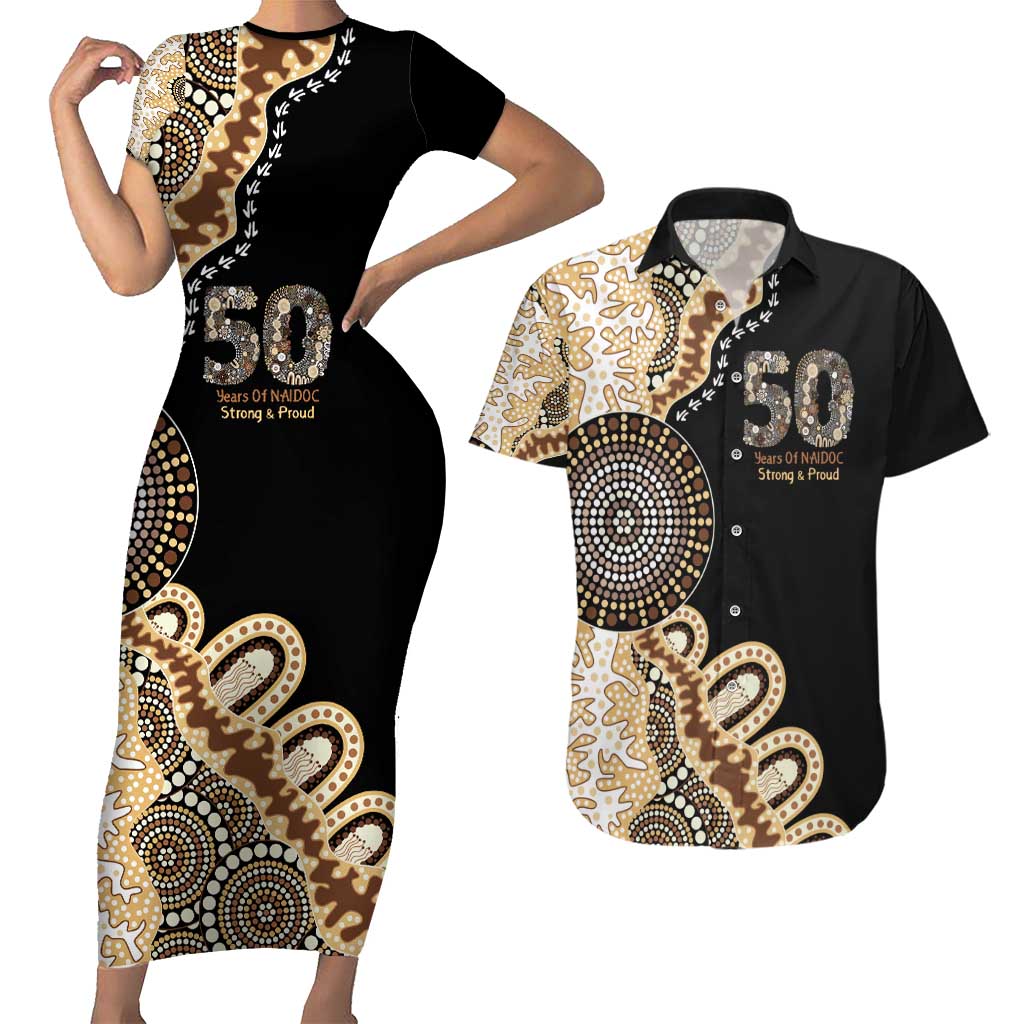 50 Years Of NAIDOC Couples Matching Short Sleeve Bodycon Dress and Hawaiian Shirt Strong and Proud Aboriginal Dot Painting No2