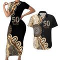 50 Years Of NAIDOC Couples Matching Short Sleeve Bodycon Dress and Hawaiian Shirt Strong and Proud Aboriginal Dot Painting No2