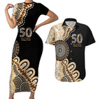 50 Years Of NAIDOC Couples Matching Short Sleeve Bodycon Dress and Hawaiian Shirt Strong and Proud Aboriginal Dot Painting No2