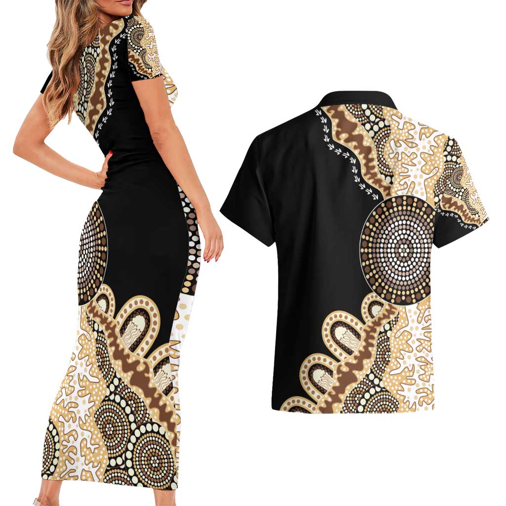 50 Years Of NAIDOC Couples Matching Short Sleeve Bodycon Dress and Hawaiian Shirt Strong and Proud Aboriginal Dot Painting No2