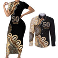 50 Years Of NAIDOC Couples Matching Short Sleeve Bodycon Dress and Long Sleeve Button Shirt Strong and Proud Aboriginal Dot Painting No2