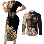 50 Years Of NAIDOC Couples Matching Short Sleeve Bodycon Dress and Long Sleeve Button Shirt Strong and Proud Aboriginal Dot Painting No2