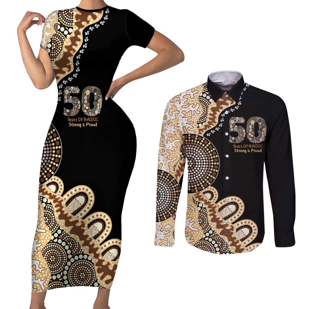 50 Years Of NAIDOC Couples Matching Short Sleeve Bodycon Dress and Long Sleeve Button Shirt Strong and Proud Aboriginal Dot Painting No2