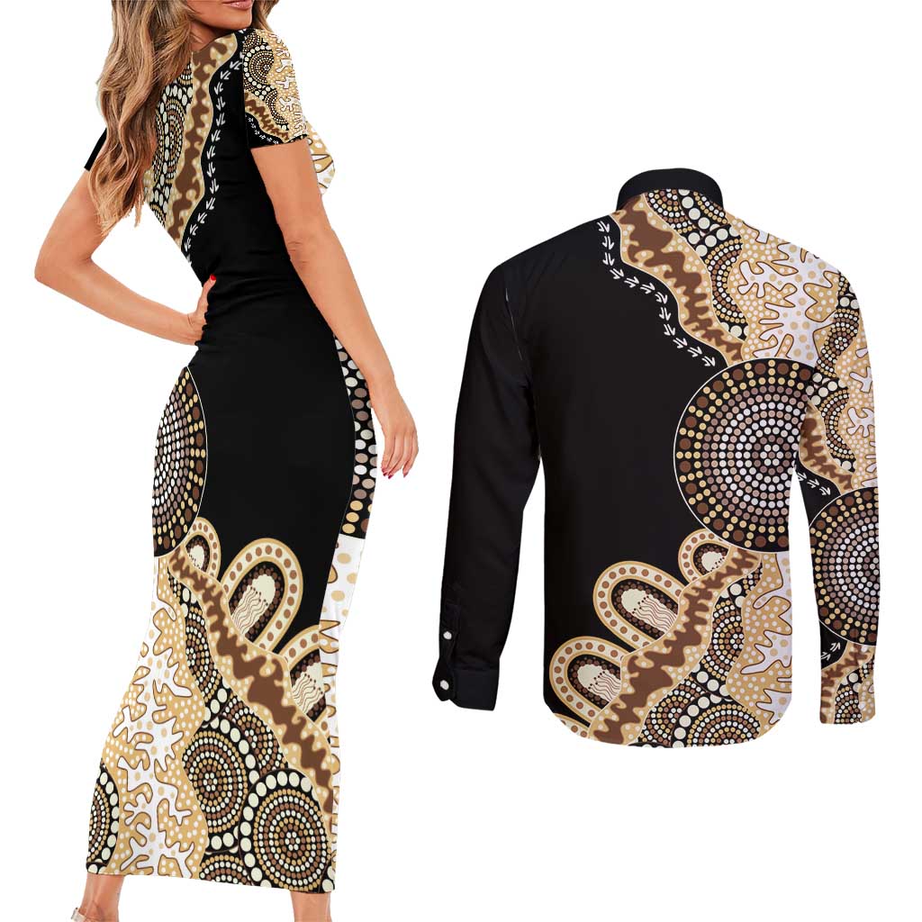 50 Years Of NAIDOC Couples Matching Short Sleeve Bodycon Dress and Long Sleeve Button Shirt Strong and Proud Aboriginal Dot Painting No2