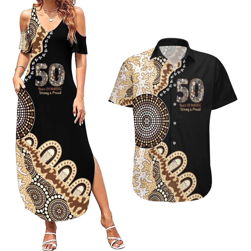 50 Years Of NAIDOC Couples Matching Summer Maxi Dress and Hawaiian Shirt Strong and Proud Aboriginal Dot Painting No2