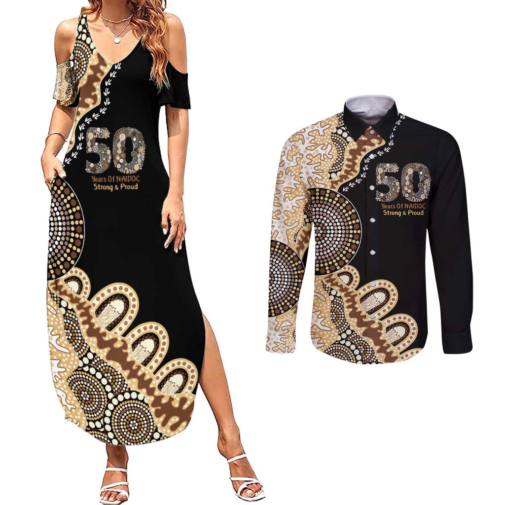 50 Years Of NAIDOC Couples Matching Summer Maxi Dress and Long Sleeve Button Shirt Strong and Proud Aboriginal Dot Painting No2