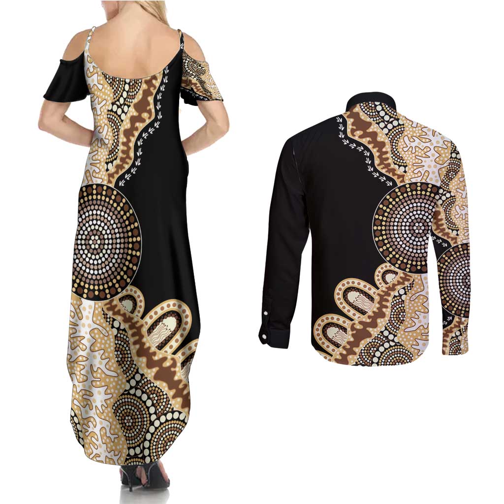 50 Years Of NAIDOC Couples Matching Summer Maxi Dress and Long Sleeve Button Shirt Strong and Proud Aboriginal Dot Painting No2