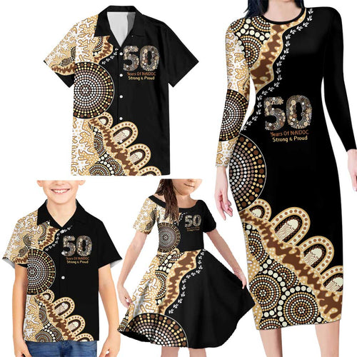 50 Years Of NAIDOC Family Matching Long Sleeve Bodycon Dress and Hawaiian Shirt Strong and Proud Aboriginal Dot Painting No2