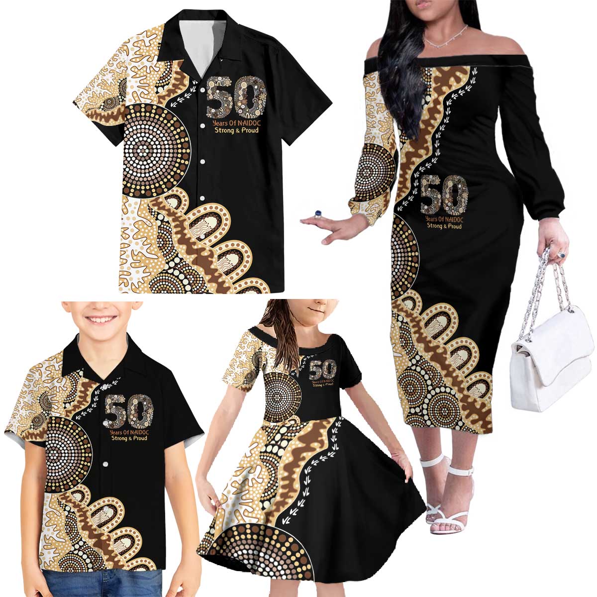 50 Years Of NAIDOC Family Matching Off The Shoulder Long Sleeve Dress and Hawaiian Shirt Strong and Proud Aboriginal Dot Painting No2