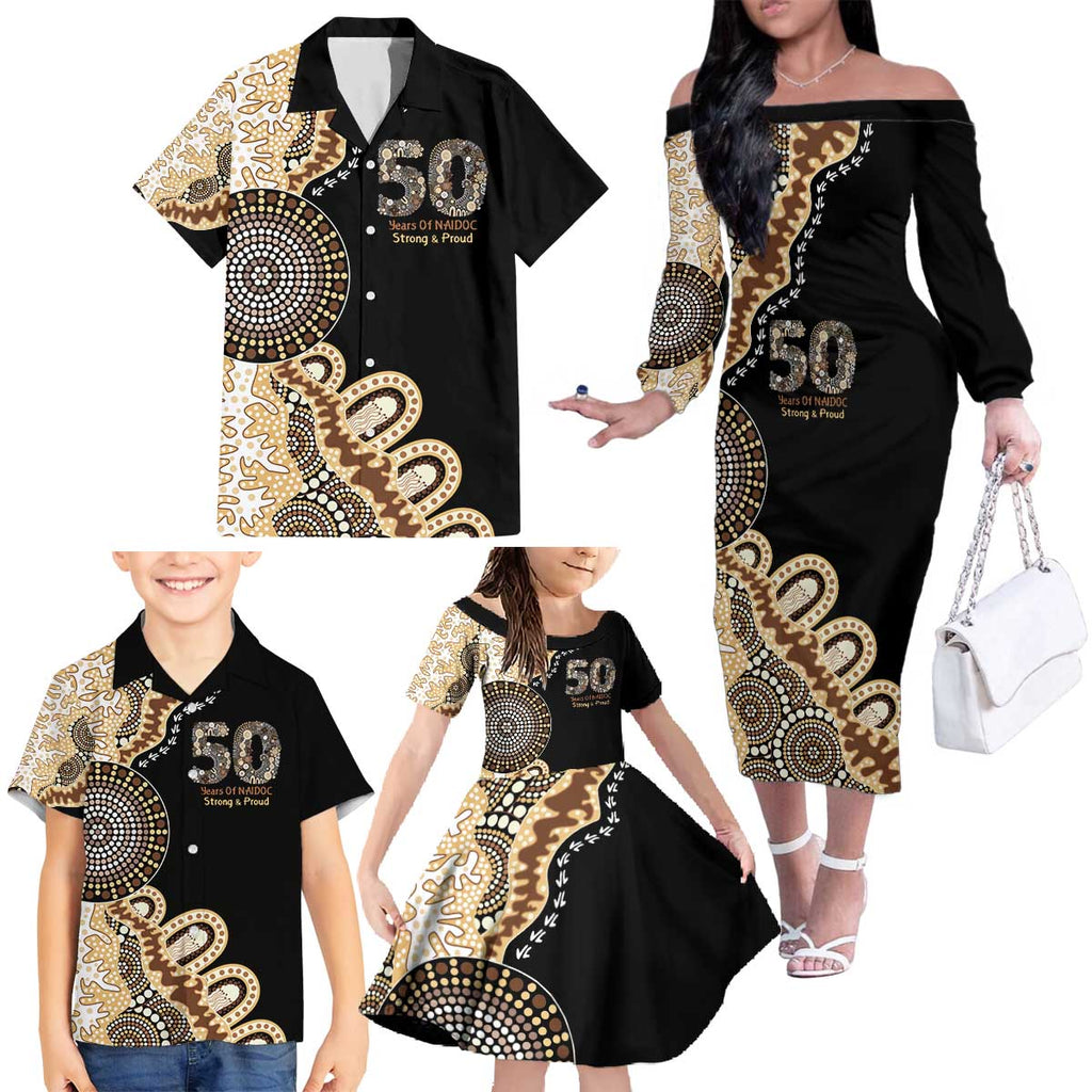 50 Years Of NAIDOC Family Matching Off The Shoulder Long Sleeve Dress and Hawaiian Shirt Strong and Proud Aboriginal Dot Painting No2