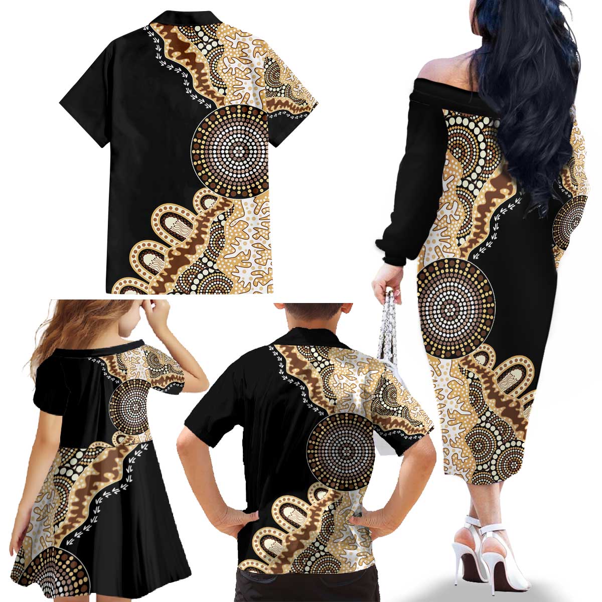 50 Years Of NAIDOC Family Matching Off The Shoulder Long Sleeve Dress and Hawaiian Shirt Strong and Proud Aboriginal Dot Painting No2