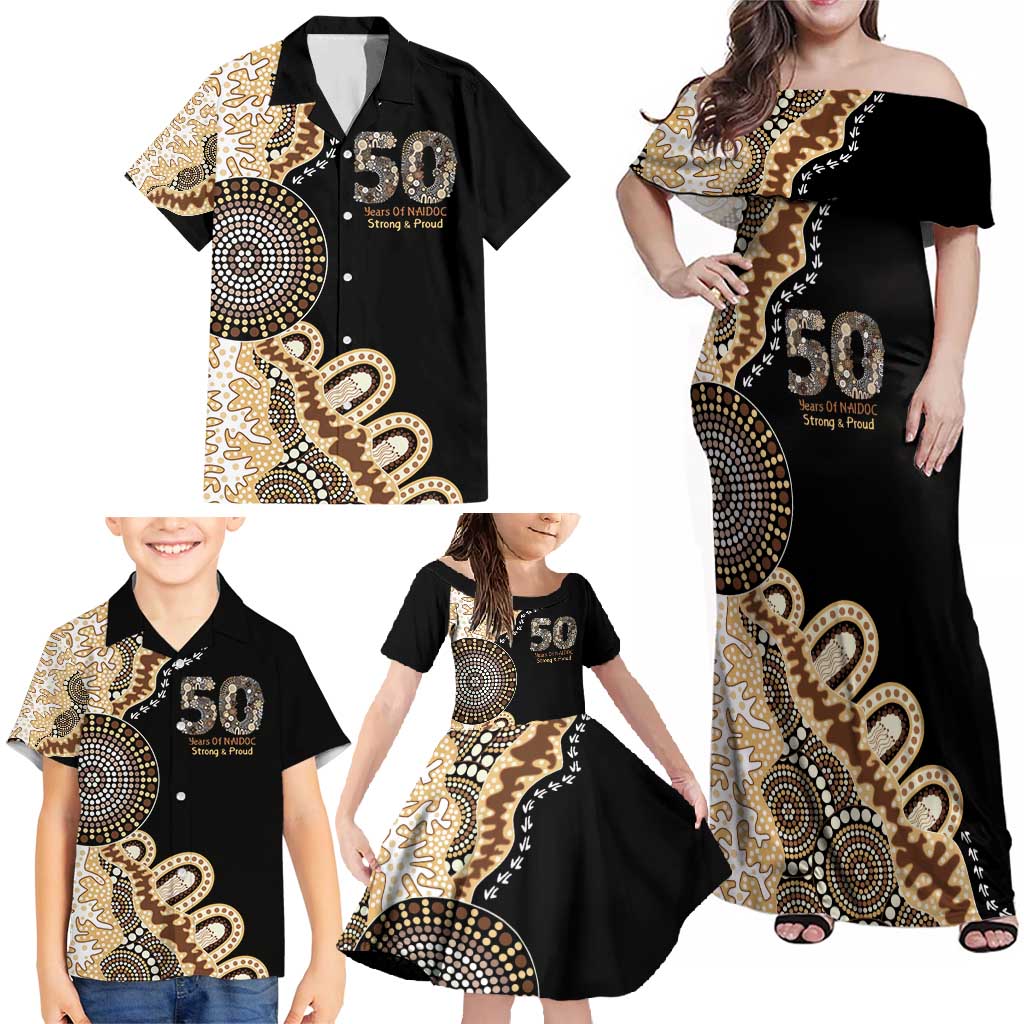 50 Years Of NAIDOC Family Matching Off Shoulder Maxi Dress and Hawaiian Shirt Strong and Proud Aboriginal Dot Painting No2
