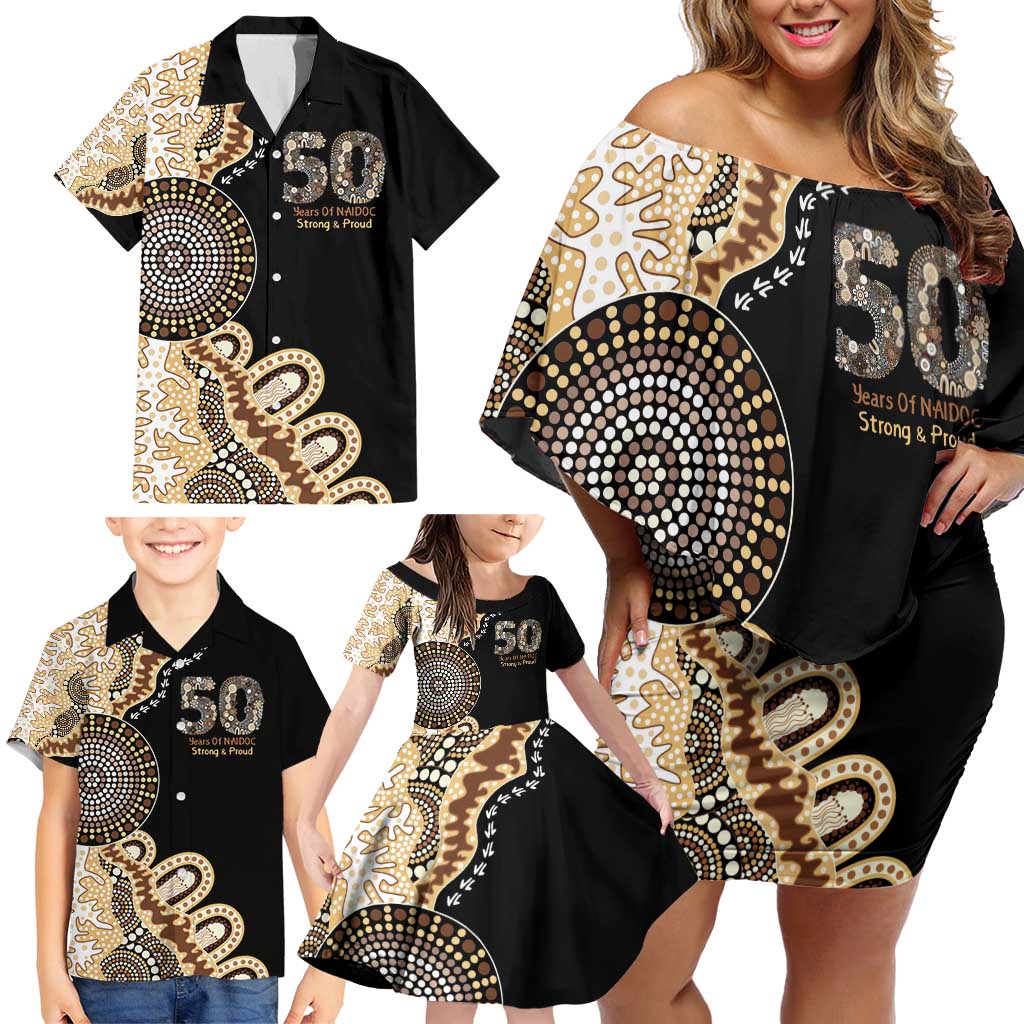 50 Years Of NAIDOC Family Matching Off Shoulder Short Dress and Hawaiian Shirt Strong and Proud Aboriginal Dot Painting No2