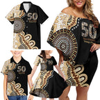 50 Years Of NAIDOC Family Matching Off Shoulder Short Dress and Hawaiian Shirt Strong and Proud Aboriginal Dot Painting No2