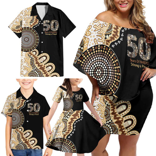 50 Years Of NAIDOC Family Matching Off Shoulder Short Dress and Hawaiian Shirt Strong and Proud Aboriginal Dot Painting No2