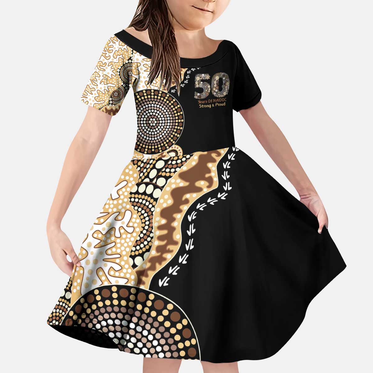 50 Years Of NAIDOC Kid Short Sleeve Dress Strong and Proud Aboriginal Dot Painting No2
