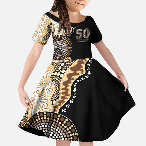 50 Years Of NAIDOC Kid Short Sleeve Dress Strong and Proud Aboriginal Dot Painting No2