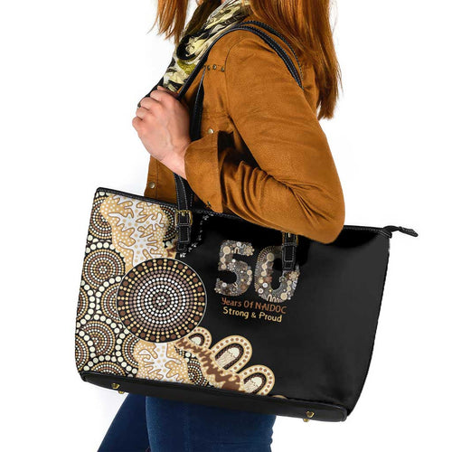 50 Years Of NAIDOC Leather Tote Bag Strong and Proud Aboriginal Dot Painting No2