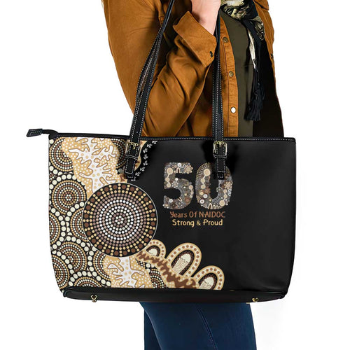 50 Years Of NAIDOC Leather Tote Bag Strong and Proud Aboriginal Dot Painting No2