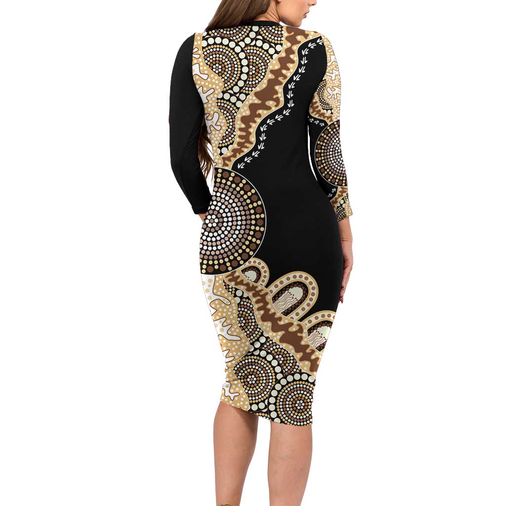 50 Years Of NAIDOC Long Sleeve Bodycon Dress Strong and Proud Aboriginal Dot Painting No2