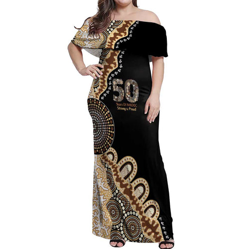 50 Years Of NAIDOC Off Shoulder Maxi Dress Strong and Proud Aboriginal Dot Painting No2