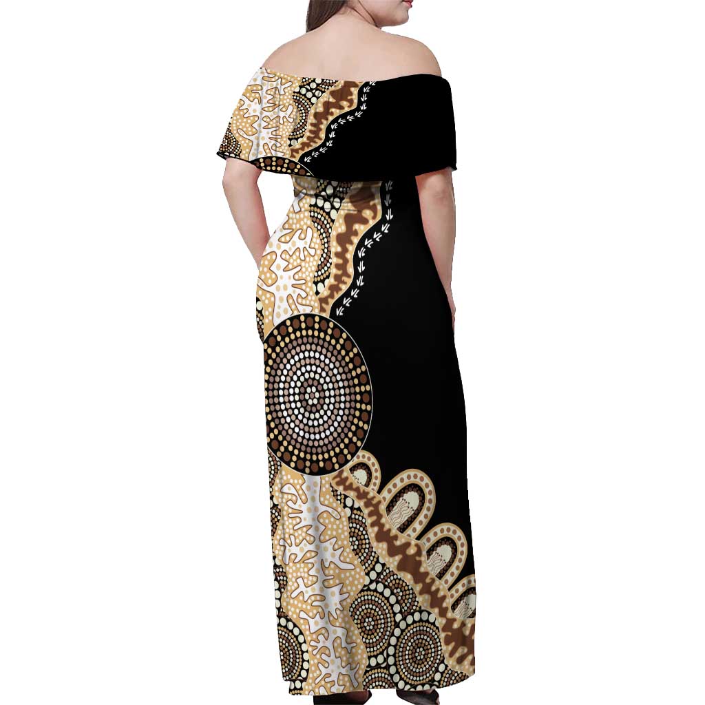 50 Years Of NAIDOC Off Shoulder Maxi Dress Strong and Proud Aboriginal Dot Painting No2