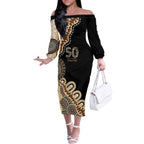 50 Years Of NAIDOC Off The Shoulder Long Sleeve Dress Strong and Proud Aboriginal Dot Painting No2