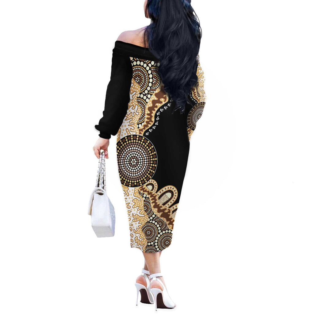 50 Years Of NAIDOC Off The Shoulder Long Sleeve Dress Strong and Proud Aboriginal Dot Painting No2