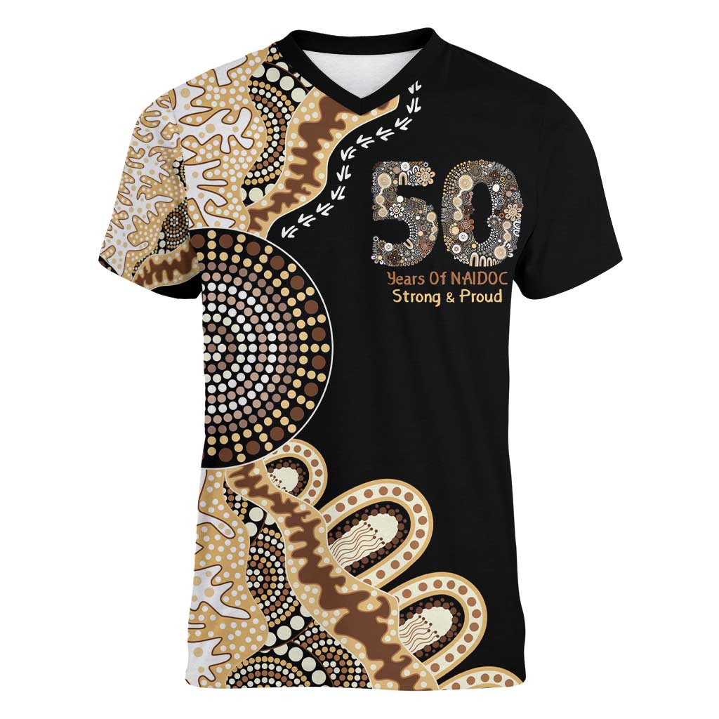 50 Years Of NAIDOC Women V-Neck T-Shirt Strong and Proud Aboriginal Dot Painting No2