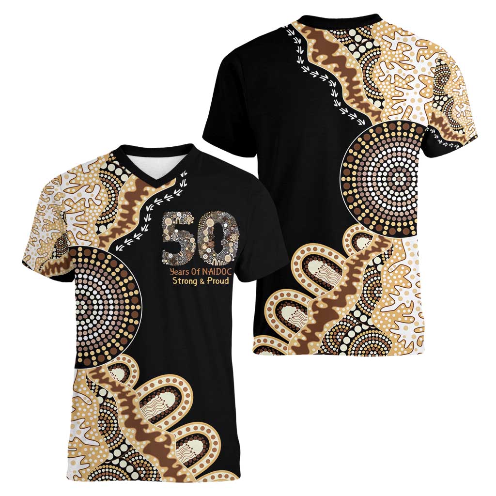 50 Years Of NAIDOC Women V-Neck T-Shirt Strong and Proud Aboriginal Dot Painting No2