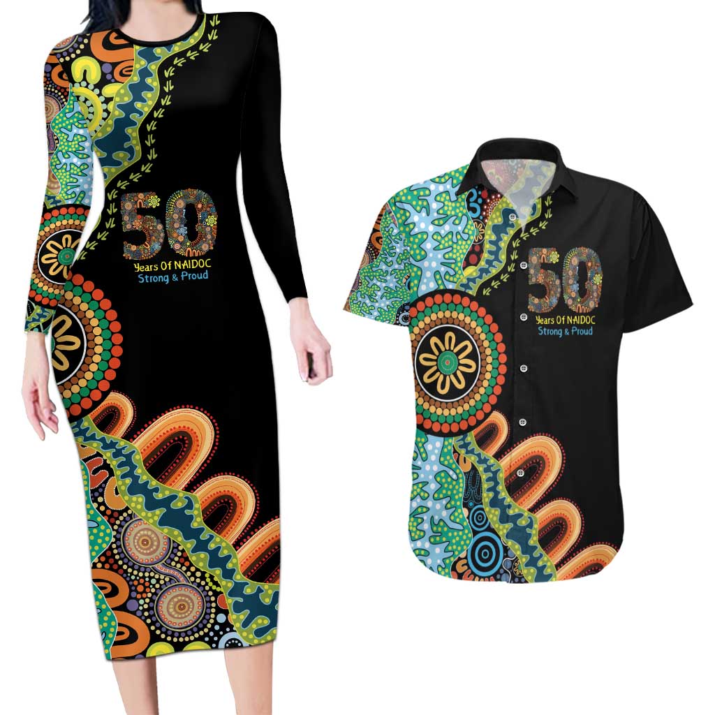 50 Years Of NAIDOC Couples Matching Long Sleeve Bodycon Dress and Hawaiian Shirt Strong and Proud Aboriginal Dot Painting No3
