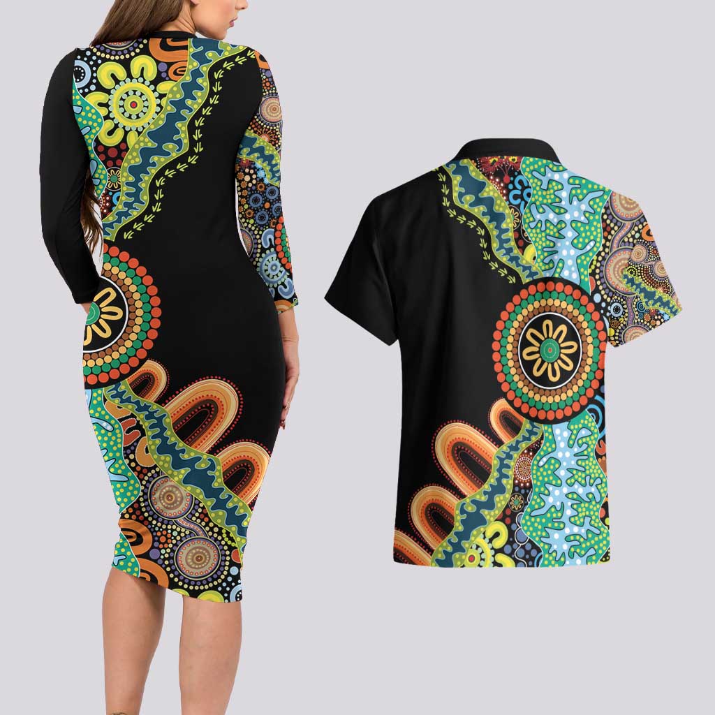 50 Years Of NAIDOC Couples Matching Long Sleeve Bodycon Dress and Hawaiian Shirt Strong and Proud Aboriginal Dot Painting No3