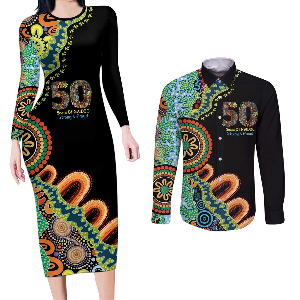 50 Years Of NAIDOC Couples Matching Long Sleeve Bodycon Dress and Long Sleeve Button Shirt Strong and Proud Aboriginal Dot Painting No3
