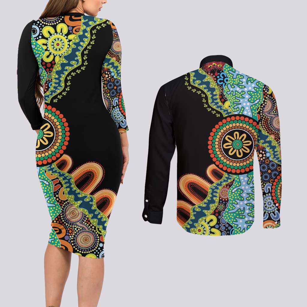 50 Years Of NAIDOC Couples Matching Long Sleeve Bodycon Dress and Long Sleeve Button Shirt Strong and Proud Aboriginal Dot Painting No3