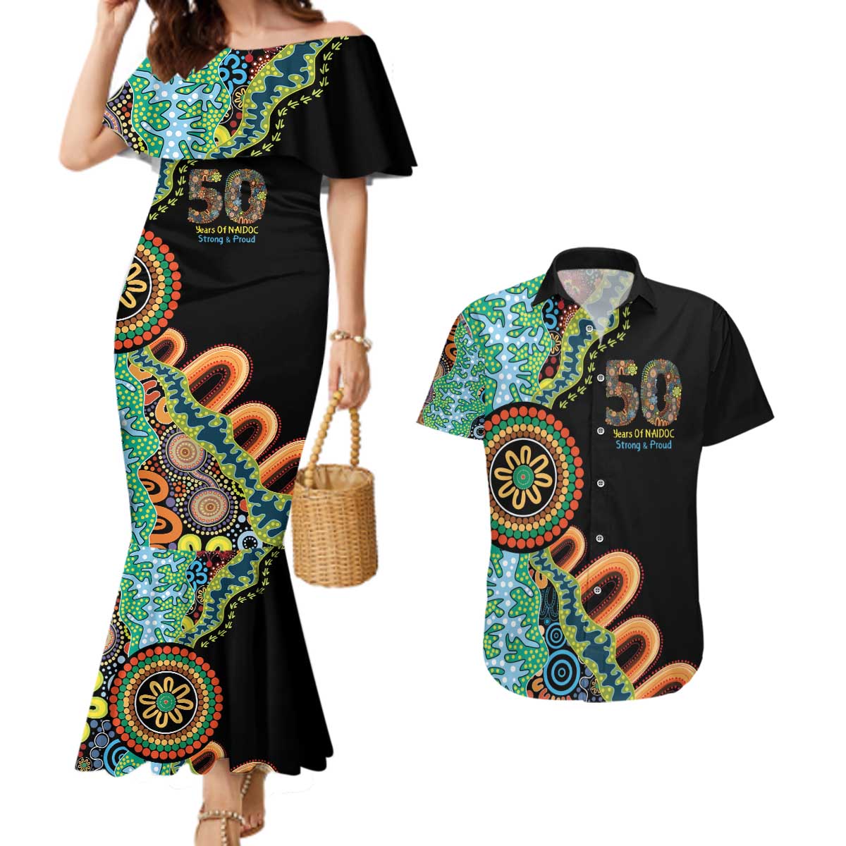50 Years Of NAIDOC Couples Matching Mermaid Dress and Hawaiian Shirt Strong and Proud Aboriginal Dot Painting No3