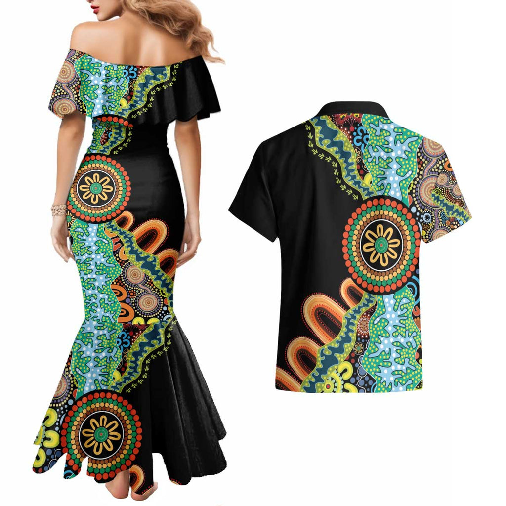 50 Years Of NAIDOC Couples Matching Mermaid Dress and Hawaiian Shirt Strong and Proud Aboriginal Dot Painting No3