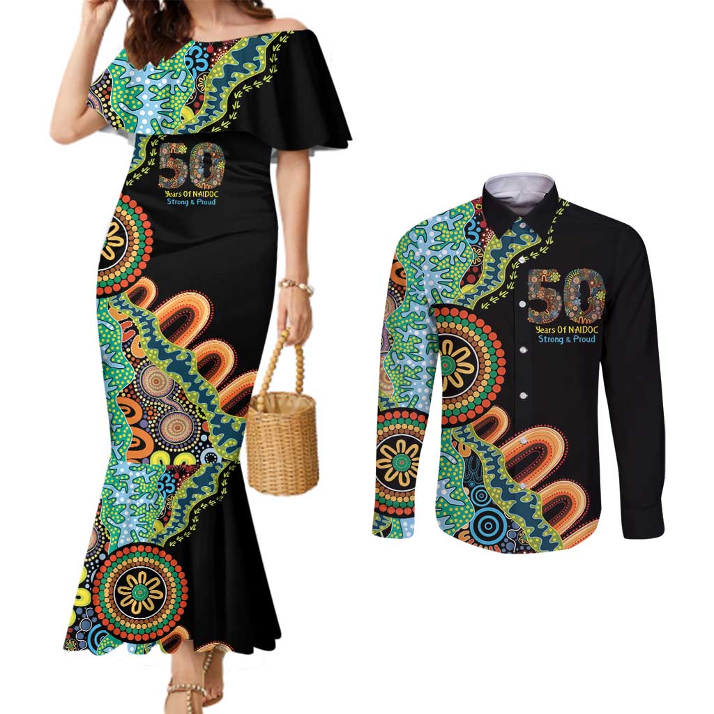 50 Years Of NAIDOC Couples Matching Mermaid Dress and Long Sleeve Button Shirt Strong and Proud Aboriginal Dot Painting No3
