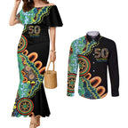 50 Years Of NAIDOC Couples Matching Mermaid Dress and Long Sleeve Button Shirt Strong and Proud Aboriginal Dot Painting No3