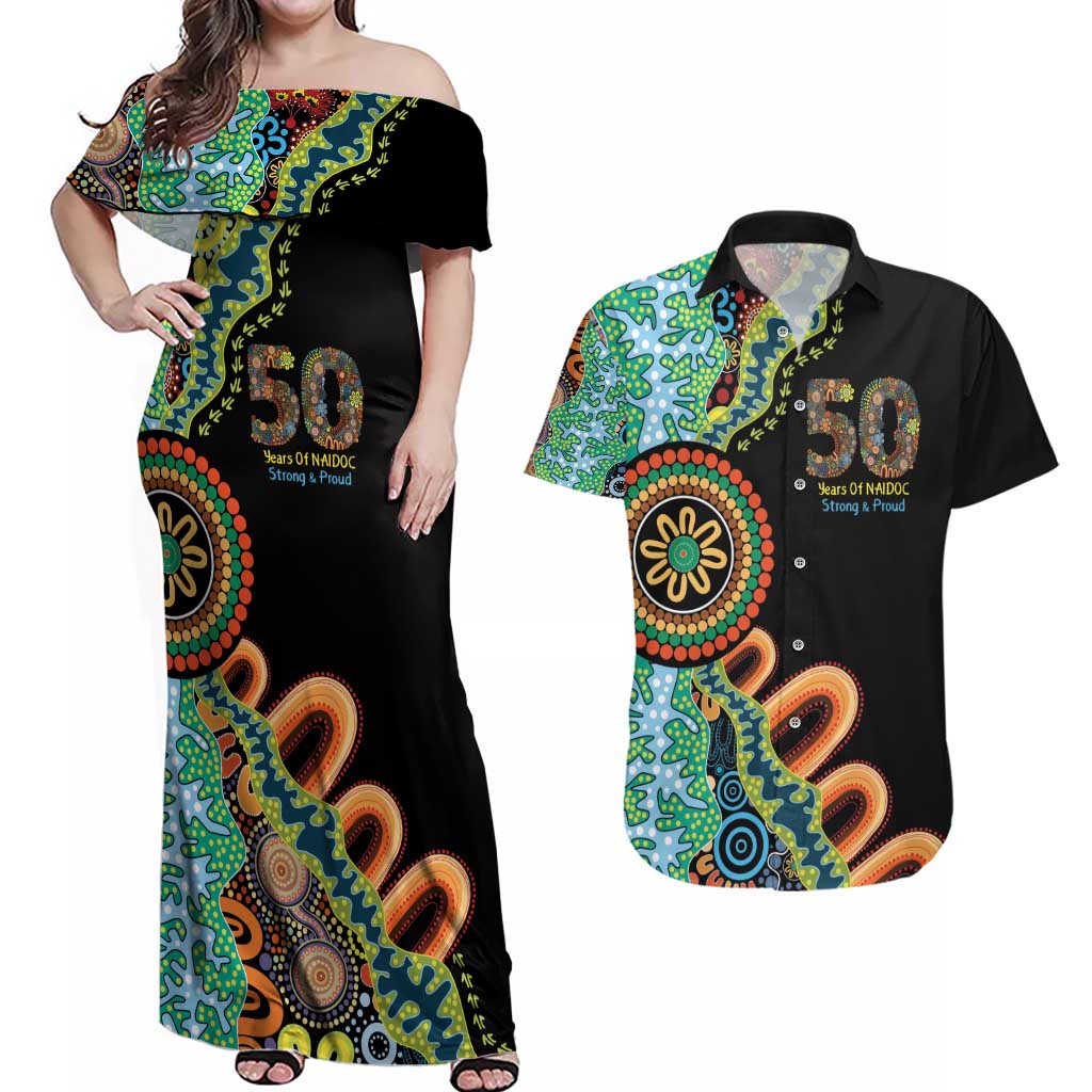 50 Years Of NAIDOC Couples Matching Off Shoulder Maxi Dress and Hawaiian Shirt Strong and Proud Aboriginal Dot Painting No3